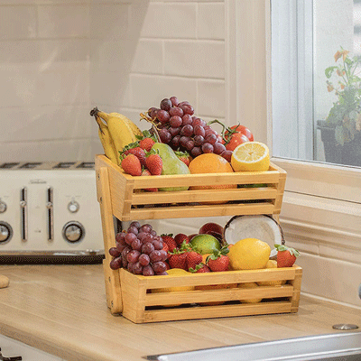 Rustic Fruit Bread Basket Storage Stand 2 Tier Bamboo Wood Vegetable Holder Rack