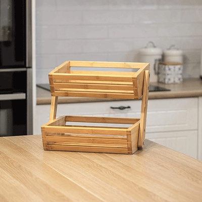 Rustic Fruit Bread Basket Storage Stand 2 Tier Bamboo Wood Vegetable Holder Rack