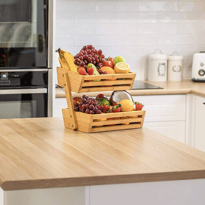 Rustic Fruit Bread Basket Storage Stand 2 Tier Bamboo Wood Vegetable Holder Rack