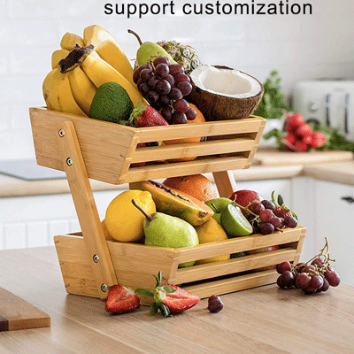 Rustic Fruit Bread Basket Storage Stand 2 Tier Bamboo Wood Vegetable Holder Rack