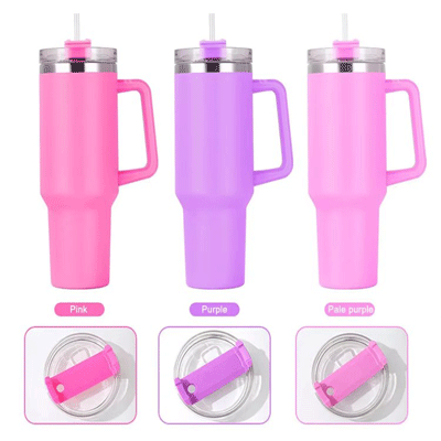 Custom logo leak proof flip straw stainless steel coffee mug reusable double wall 40oz tumbler with handle