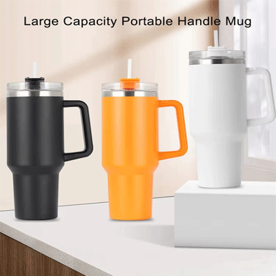 Custom logo leak proof flip straw stainless steel coffee mug reusable double wall 40oz tumbler with handle
