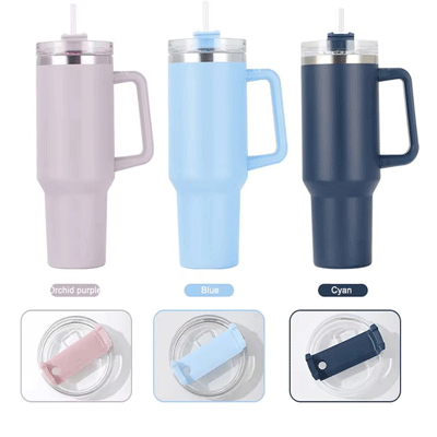 Custom logo leak proof flip straw stainless steel coffee mug reusable double wall 40oz tumbler with handle