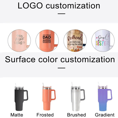 Custom logo leak proof flip straw stainless steel coffee mug reusable double wall 40oz tumbler with handle