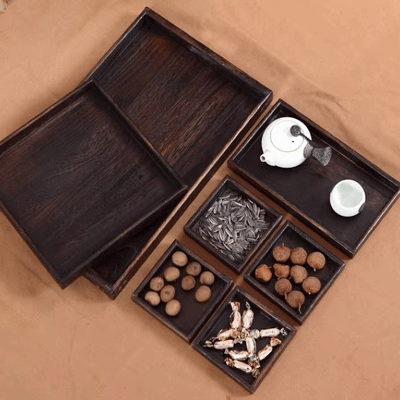 Antique carbonized tung wooden serving trays 7pcs set Japanese style wood tea tray set
