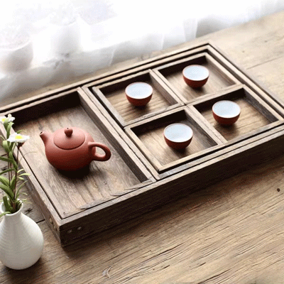 Antique carbonized tung wooden serving trays 7pcs set Japanese style wood tea tray set