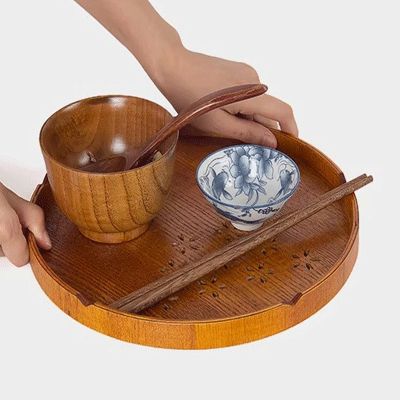 Round wood trays hotel restaurant home black red circular handmade vintage wooden tray