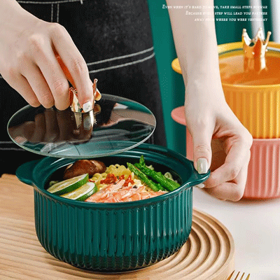 Custom Northern Europe green ceramic soup bowls microwave ceramic soup bowl with handle and lid