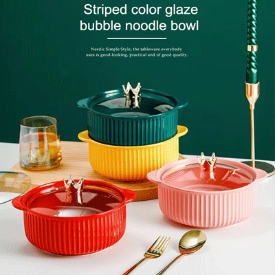 Custom Northern Europe green ceramic soup bowls microwave ceramic soup bowl with handle and lid