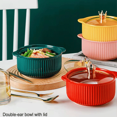 Custom Northern Europe green ceramic soup bowls microwave ceramic soup bowl with handle and lid