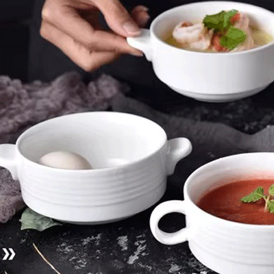 Nordic white porcelain bowls hotel custom logo dessert soup ceramic bowl with double handle