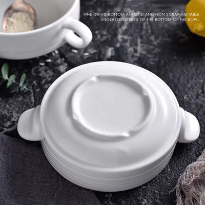 Nordic white porcelain bowls hotel custom logo dessert soup ceramic bowl with double handle