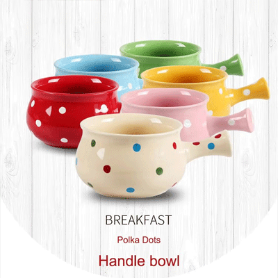Nordic polka dots salad soup cereal bowl single handle ceramic bowl ceramic handle bowl