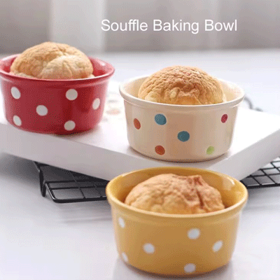 Custom ceramic bakeware souffle dish polka dots ceramic ramekin baked souffle bowl