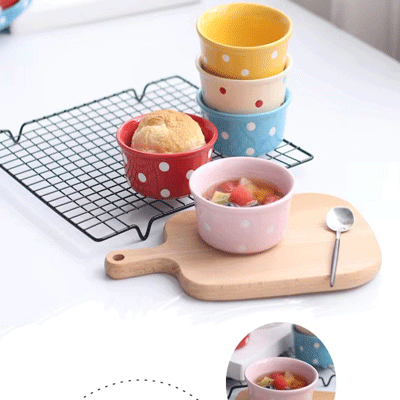 Custom ceramic bakeware souffle dish polka dots ceramic ramekin baked souffle bowl