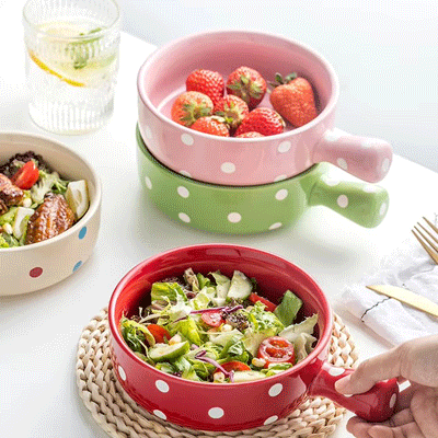 Creative polka dots ceramic oatmeal dessert noodle bowl single handle ceramic baked bowl