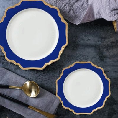 Hot sale hotel dinnerware set scalloped blue and white porcelain plate with gold rim