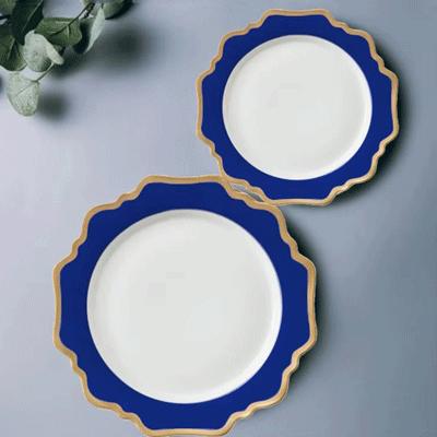 Hot sale hotel dinnerware set scalloped blue and white porcelain plate with gold rim