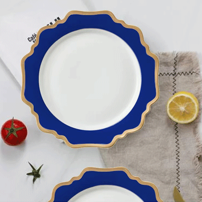 Hot sale hotel dinnerware set scalloped blue and white porcelain plate with gold rim