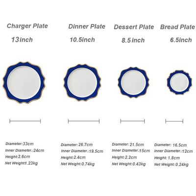 Hot sale hotel dinnerware set scalloped blue and white porcelain plate with gold rim