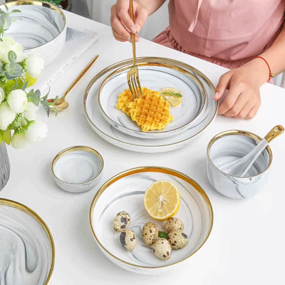 European hotel home dinnerware sets luxury porcelain gold royal marble ceramic plates sets dinnerware tableware