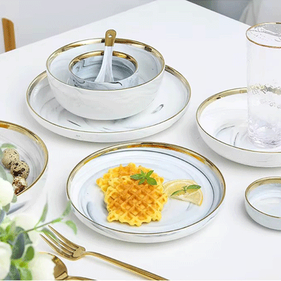 European hotel home dinnerware sets luxury porcelain gold royal marble ceramic plates sets dinnerware tableware
