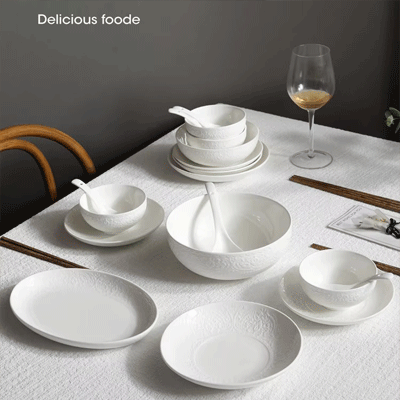 Custom white tableware wedding gift embossed ceramic dinner set 46pcs porcelain dinnerware sets