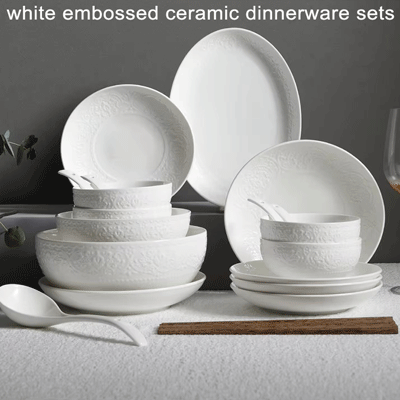 Custom white tableware wedding gift embossed ceramic dinner set 46pcs porcelain dinnerware sets