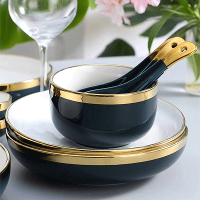 Light luxury navy blue everyday ceramic plates bowls dishes set french best 6pcs porcelain dinnerware sets