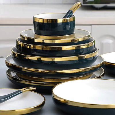 Light luxury navy blue everyday ceramic plates bowls dishes set french best 6pcs porcelain dinnerware sets