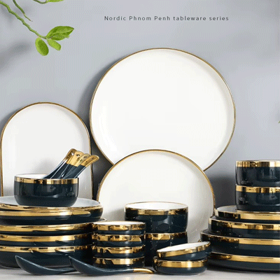 Light luxury navy blue everyday ceramic plates bowls dishes set french best 6pcs porcelain dinnerware sets
