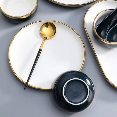 Light luxury navy blue everyday ceramic plates bowls dishes set french best 6pcs porcelain dinnerware sets