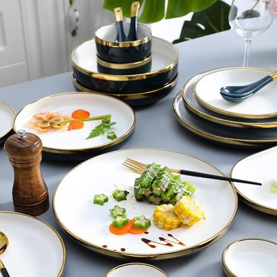 Light luxury navy blue everyday ceramic plates bowls dishes set french best 6pcs porcelain dinnerware sets