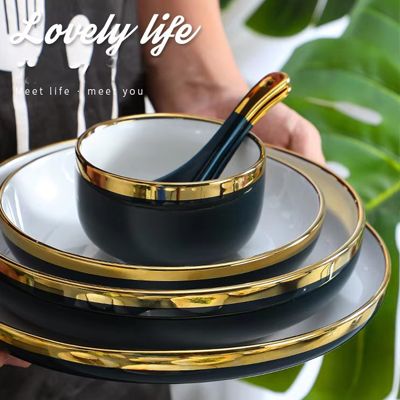 Light luxury navy blue everyday ceramic plates bowls dishes set french best 6pcs porcelain dinnerware sets