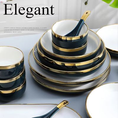 Light luxury navy blue everyday ceramic plates bowls dishes set french best 6pcs porcelain dinnerware sets
